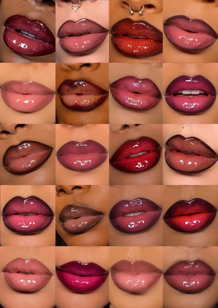 Planche de multiples teintes de rouge à lèvres portées sur les lèvres