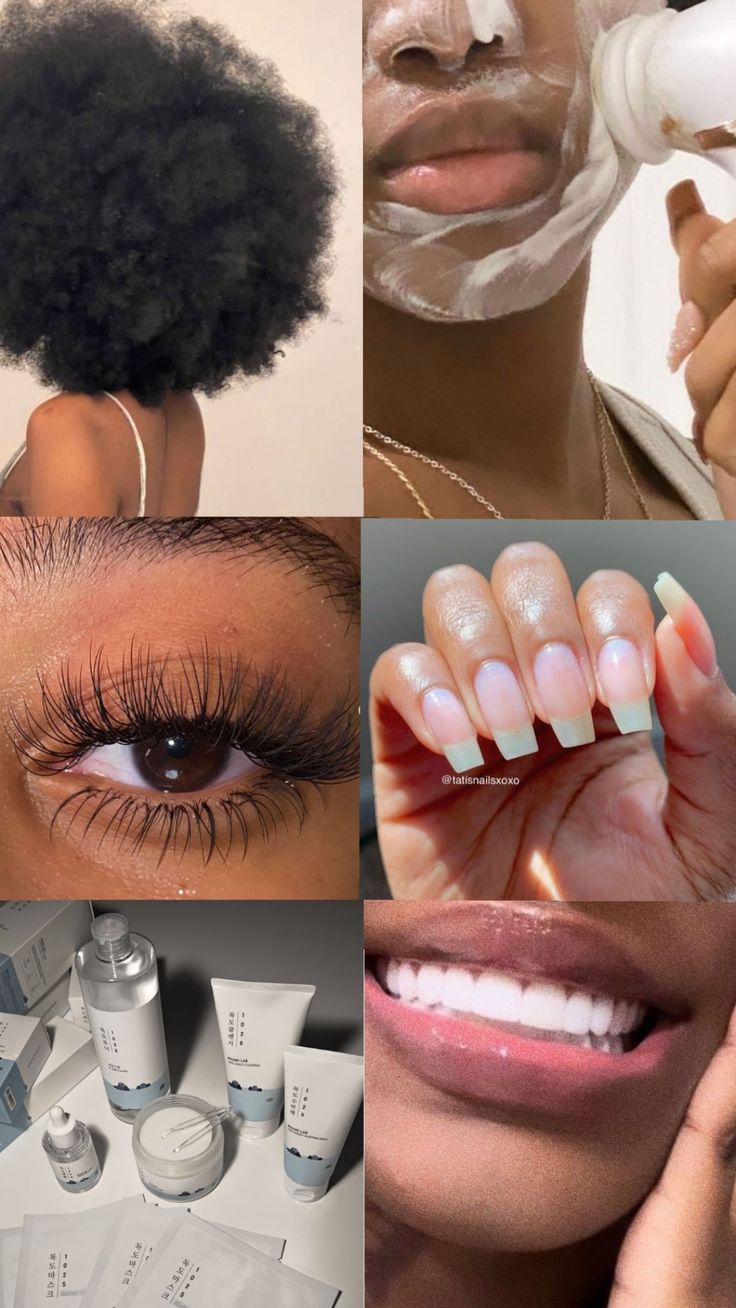 Planche de détails : masque sur le visage, cils, ongles et sourire
