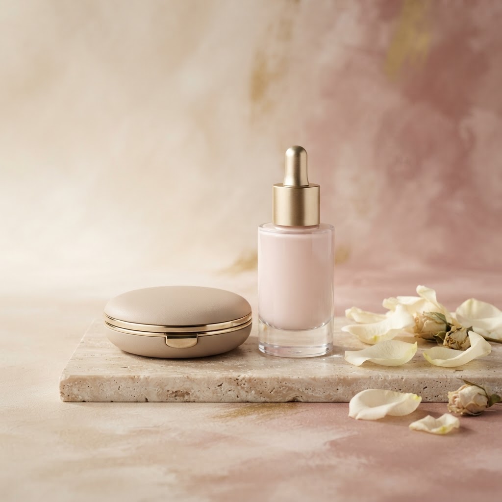 Nature morte d'un flacon de fond de teint et d'une poudre compacte sur fond rose