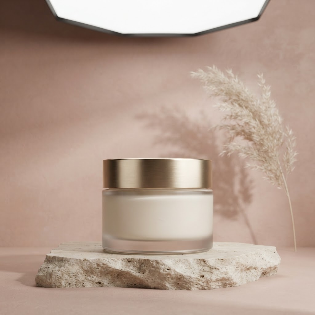 Nature morte d'un pot de crème cosmétique sur fond rose poudré